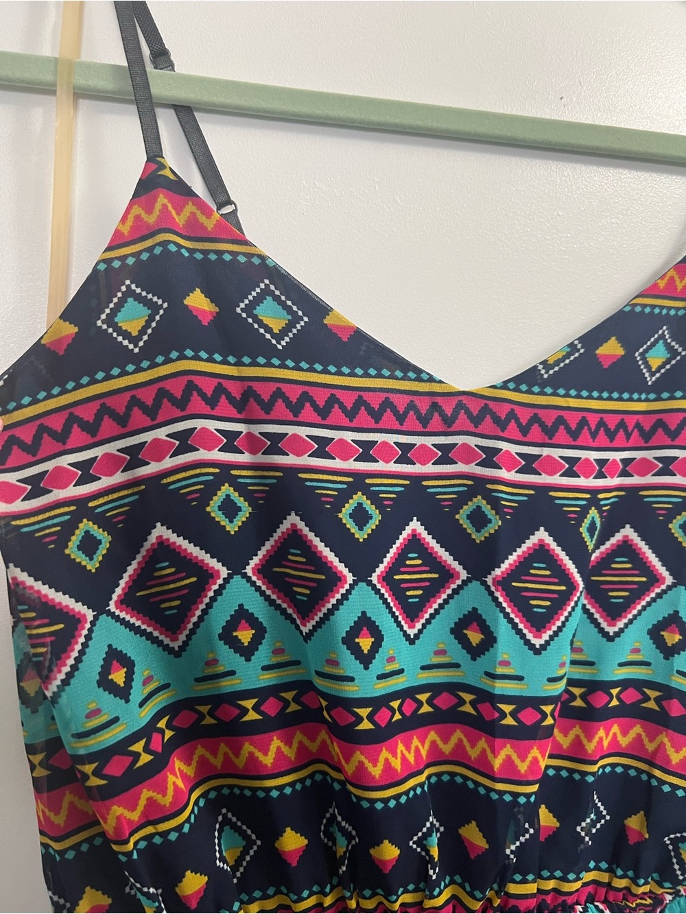 Rosebud Aztec-Print Spaghetti Strap Mini Dress in Teal, Black & Pink